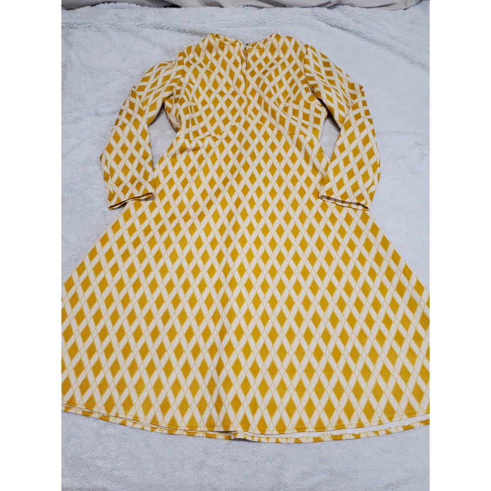 Vintage Yellow White Argyle Retro Midi Dress XS 60s 70s RARE Statement Artsy‎